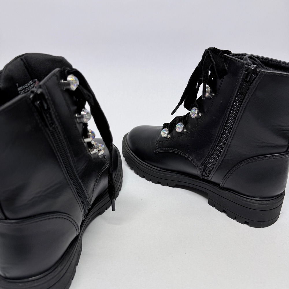 Art Class Girls Black Combat Boots Velvet Laces Crystal Eyelets Size 1 - Picture 7 of 10